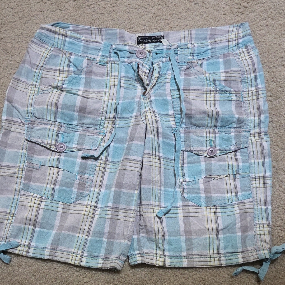 Plaid Cargo Shorts in Blue and Gray